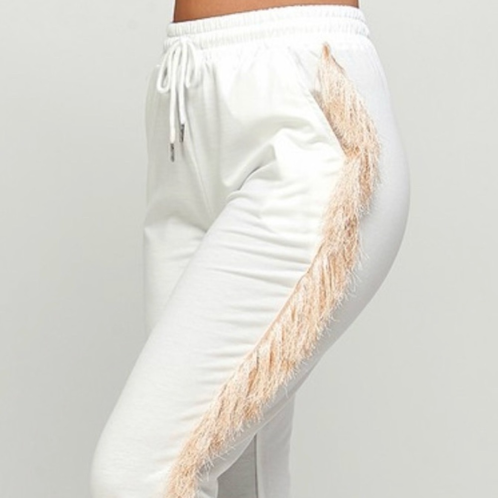 White Joggers with Fringe Detail
